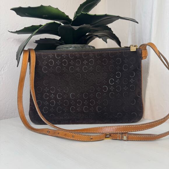 Celine Vintage Brown Suede Double Pochette Crossbody Shoulder - Picture 1 of 10